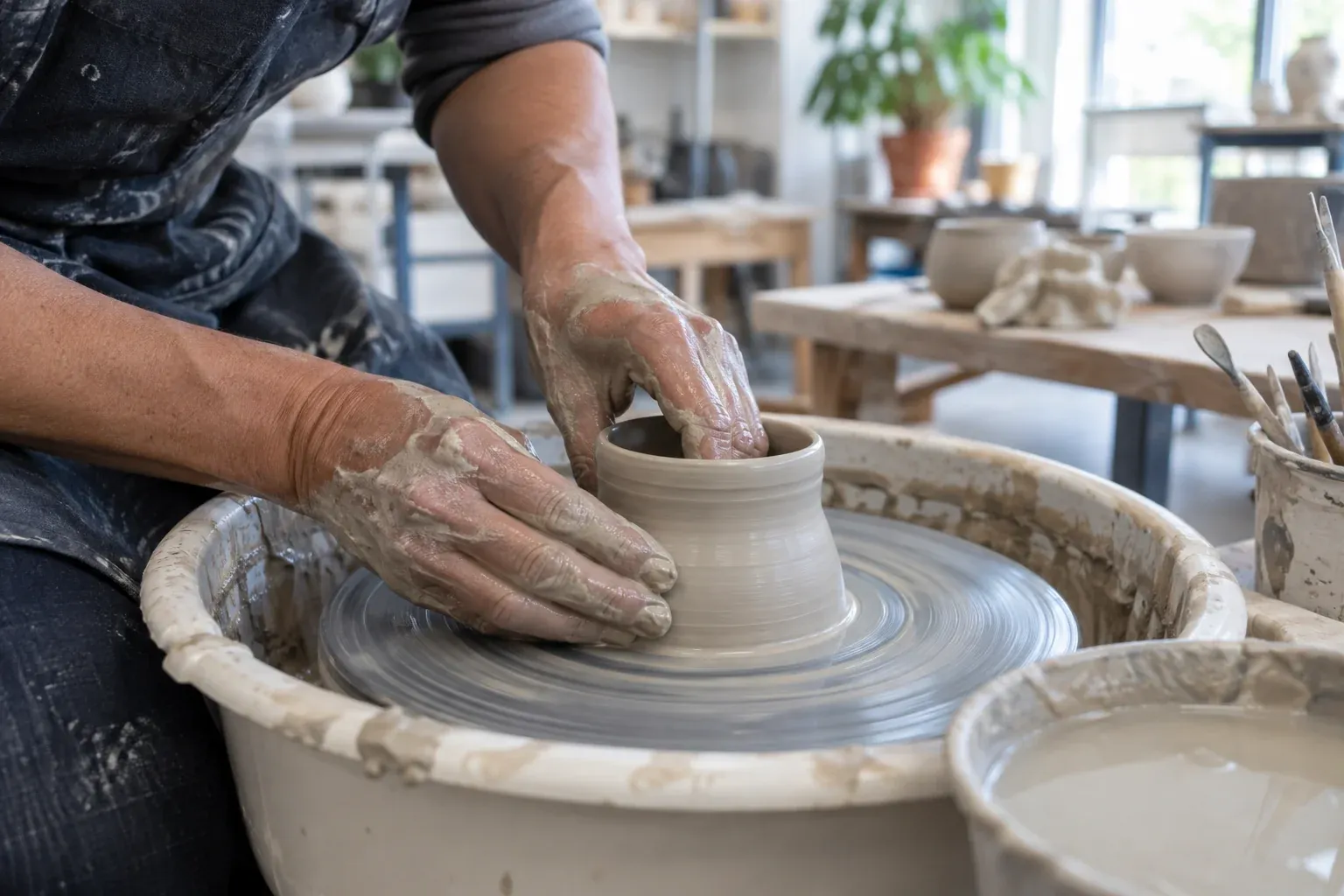 Illustrative close-up of hands shaping a clay vessel in a ceramics classroom.
