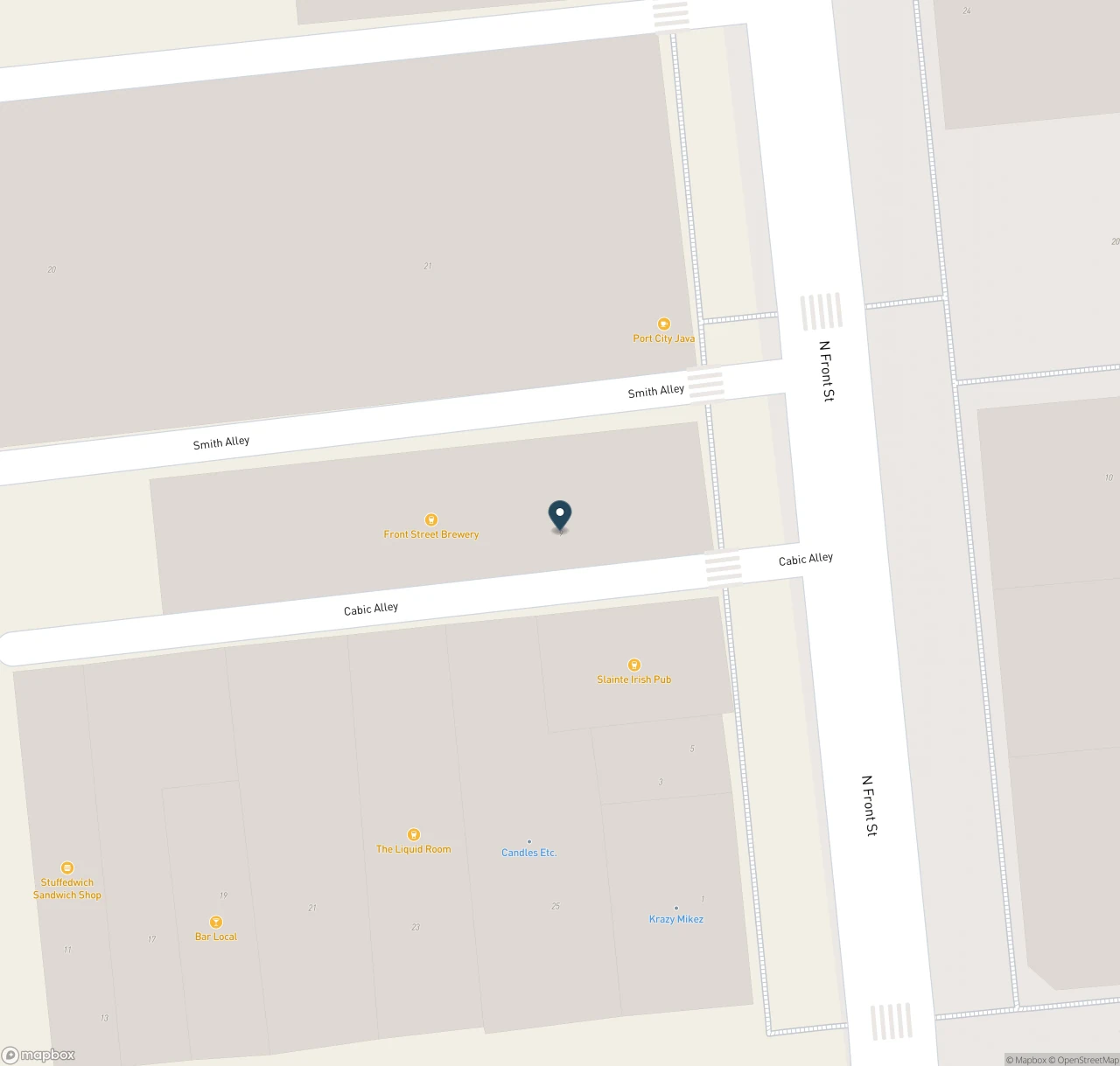 Map showing the location of Front Street Brewery