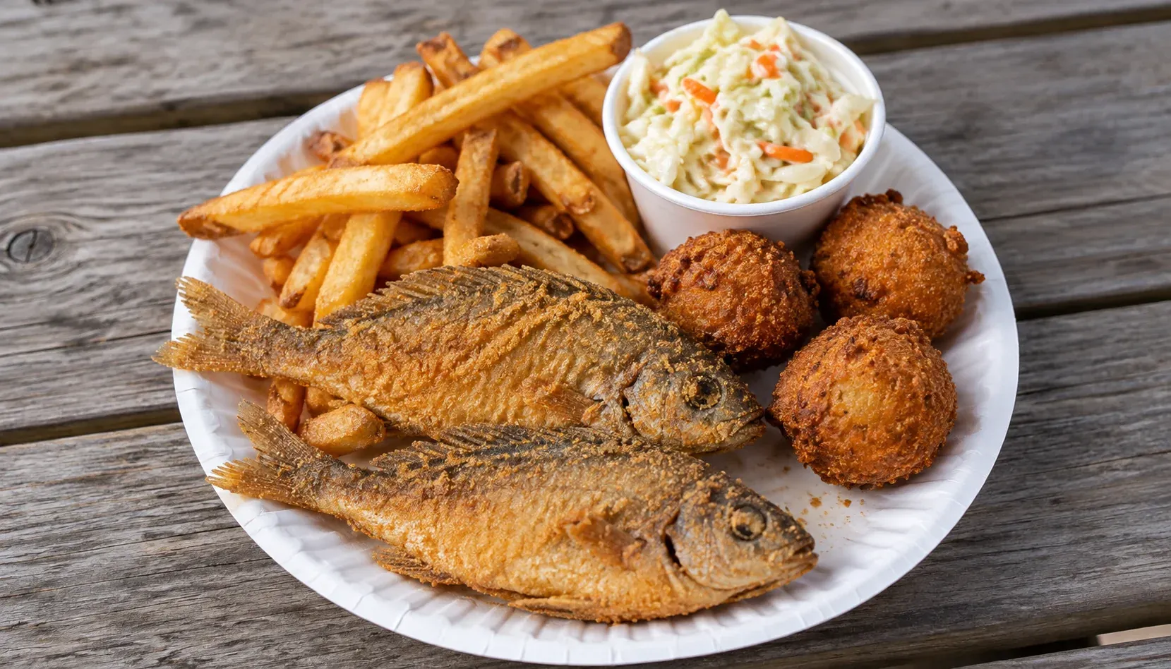 An illustrative plate with two fried spot fish, hush puppies, french fries, and coleslaw.
