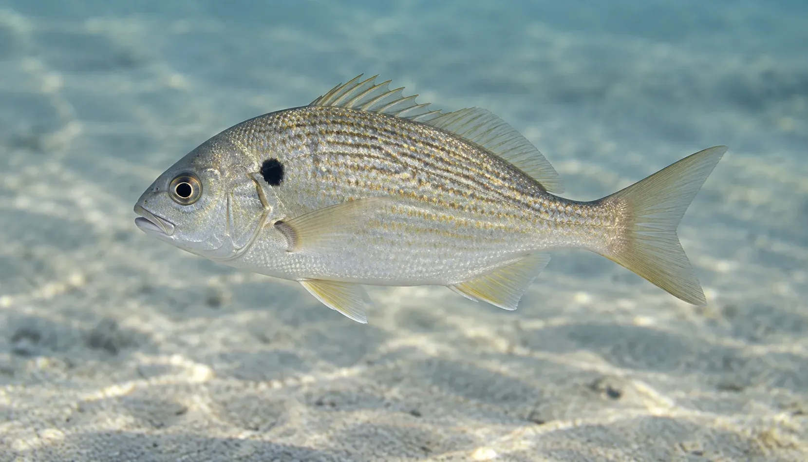 A spot fish in side profile, showing its silver-gray body, dark wavy lines, and black mark behind the gill cover.