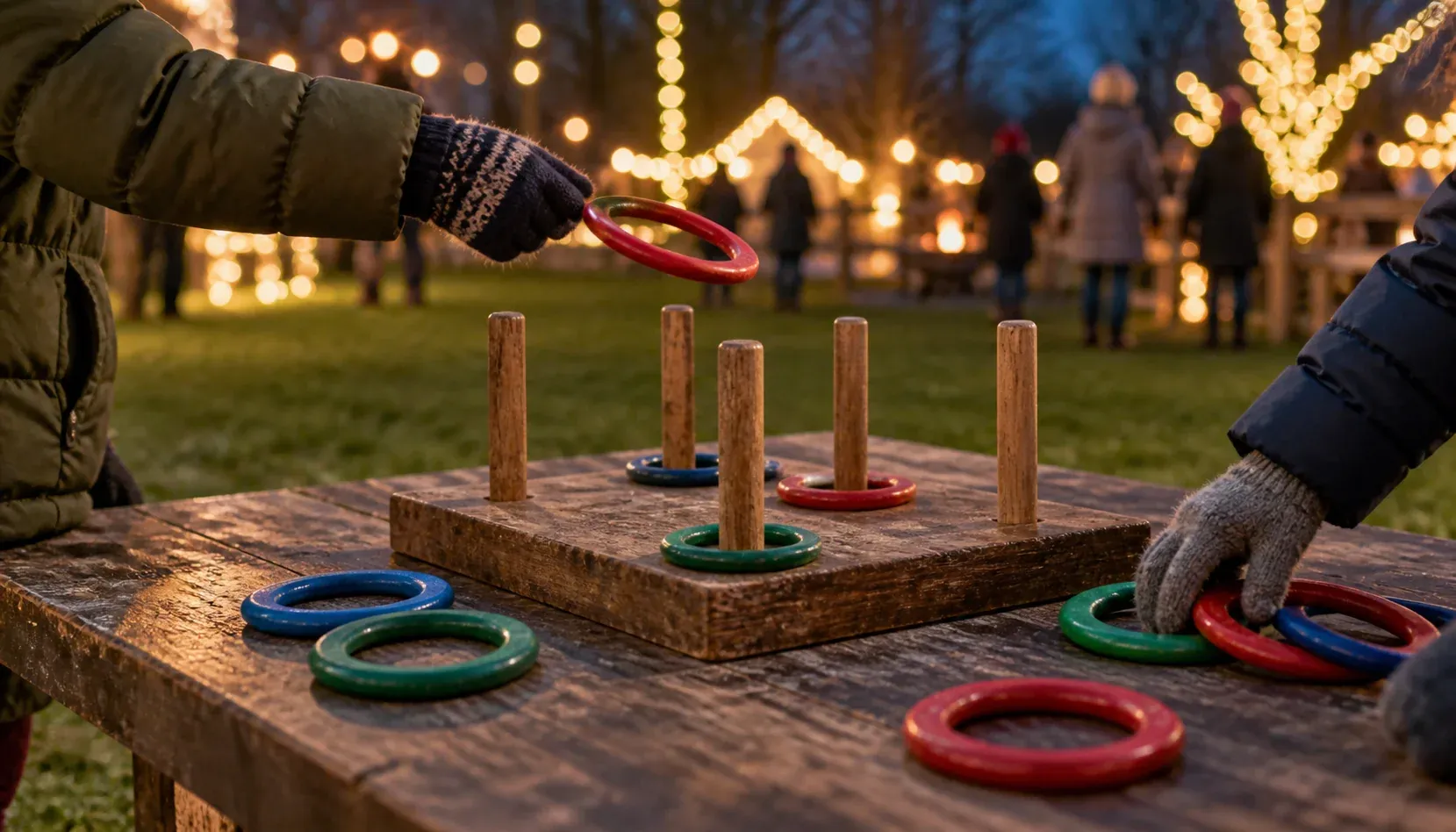 Gloved hands playing a wooden ring-toss game beneath softly glowing holiday lights.