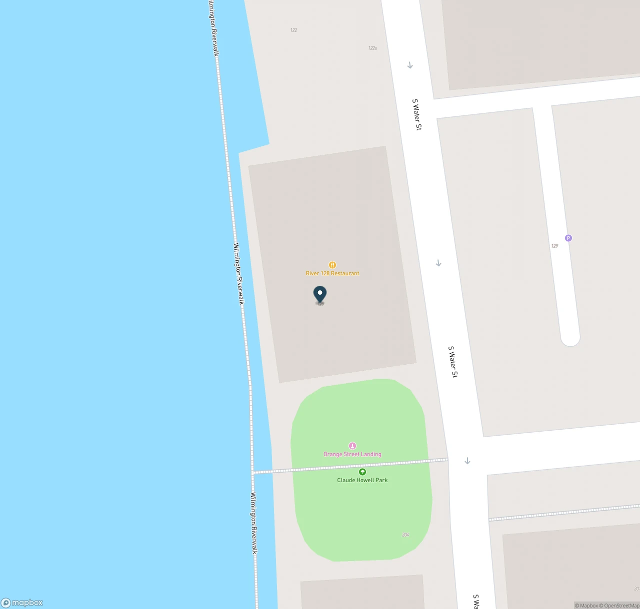 Map showing the location of River 128 Restaurant