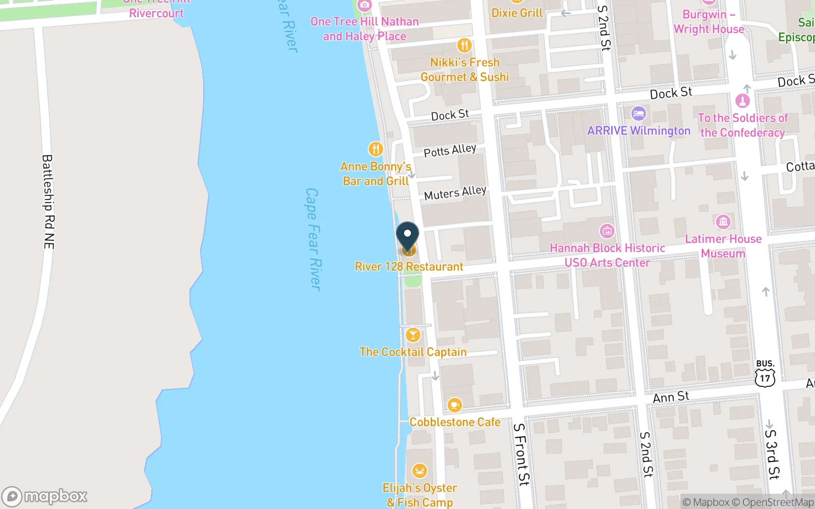 Map showing the location of River 128 Restaurant