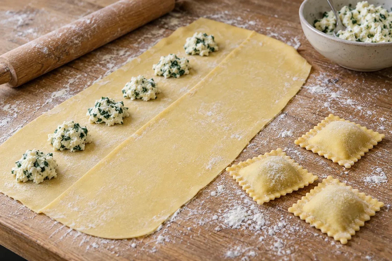 Pasta dough with small mounds of ricotta filling beside three sealed ravioli on a flour-dusted wooden board.