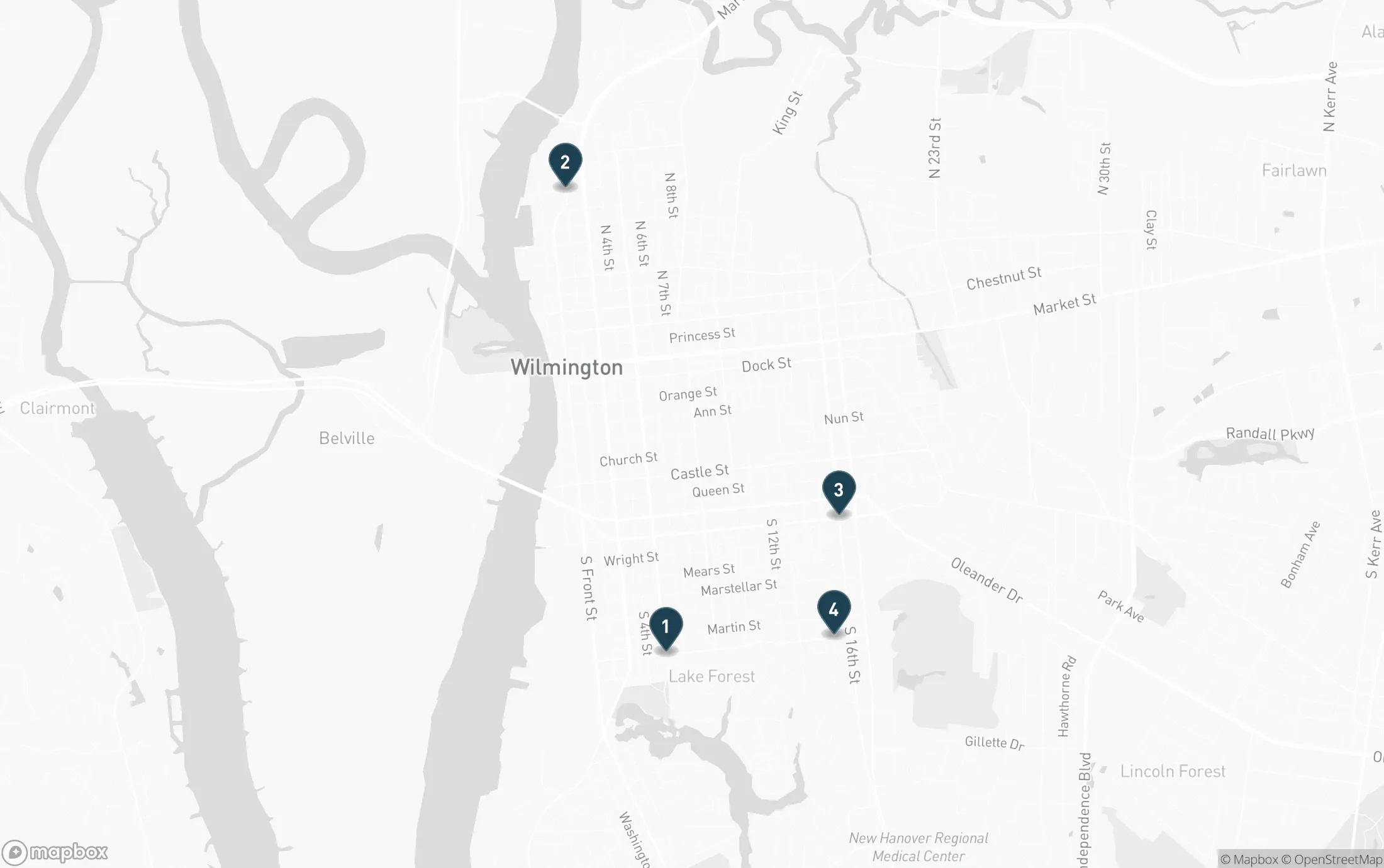 Map of central Wilmington with numbered pins for Greenfield Street at South Fifth Avenue, the Northern Riverfront and Brooklyn Arts District, Delgado Gateway, and Medical District Gateway.