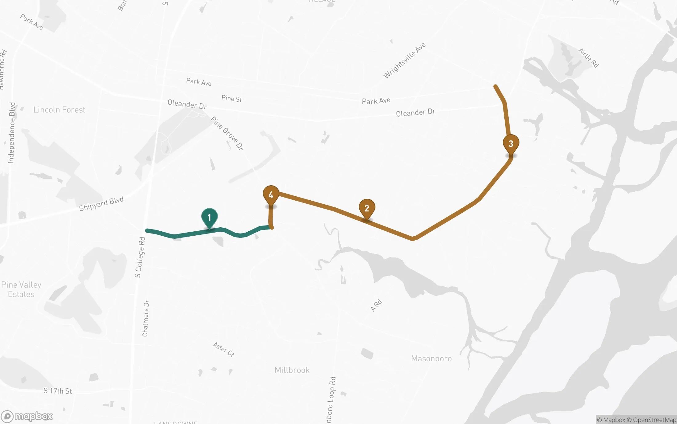 Map of the Greenville Loop Trail corridor from College Road to Park Avenue, with the completed Holly Tree section in green and the remaining planned corridor in gold. City section numbers follow the route in the order 1, 4, 2, 3.