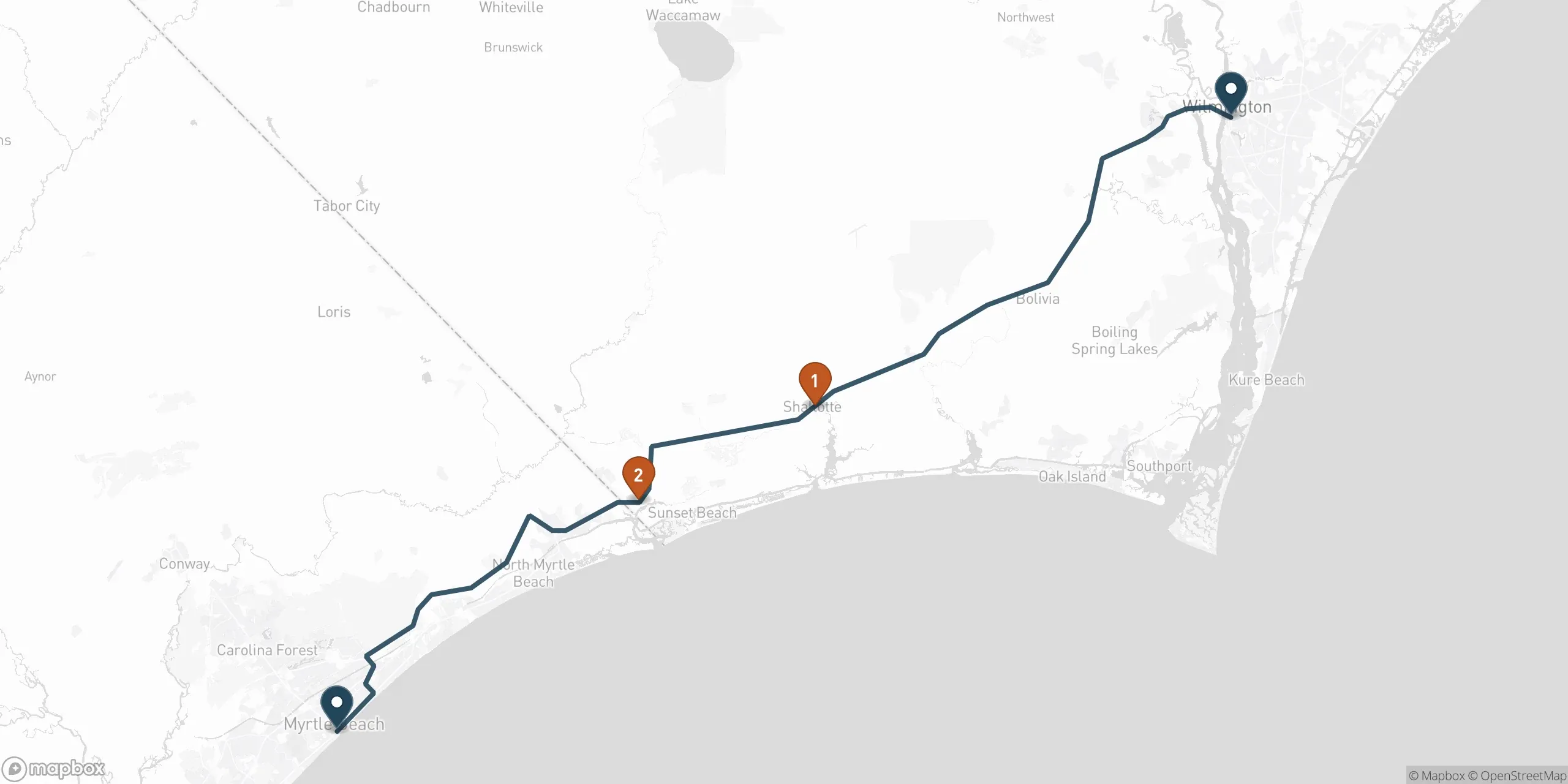 Map of the driving route from Wilmington to Myrtle Beach along US 17, with two suggested stops marked, Shallotte and Calabash.