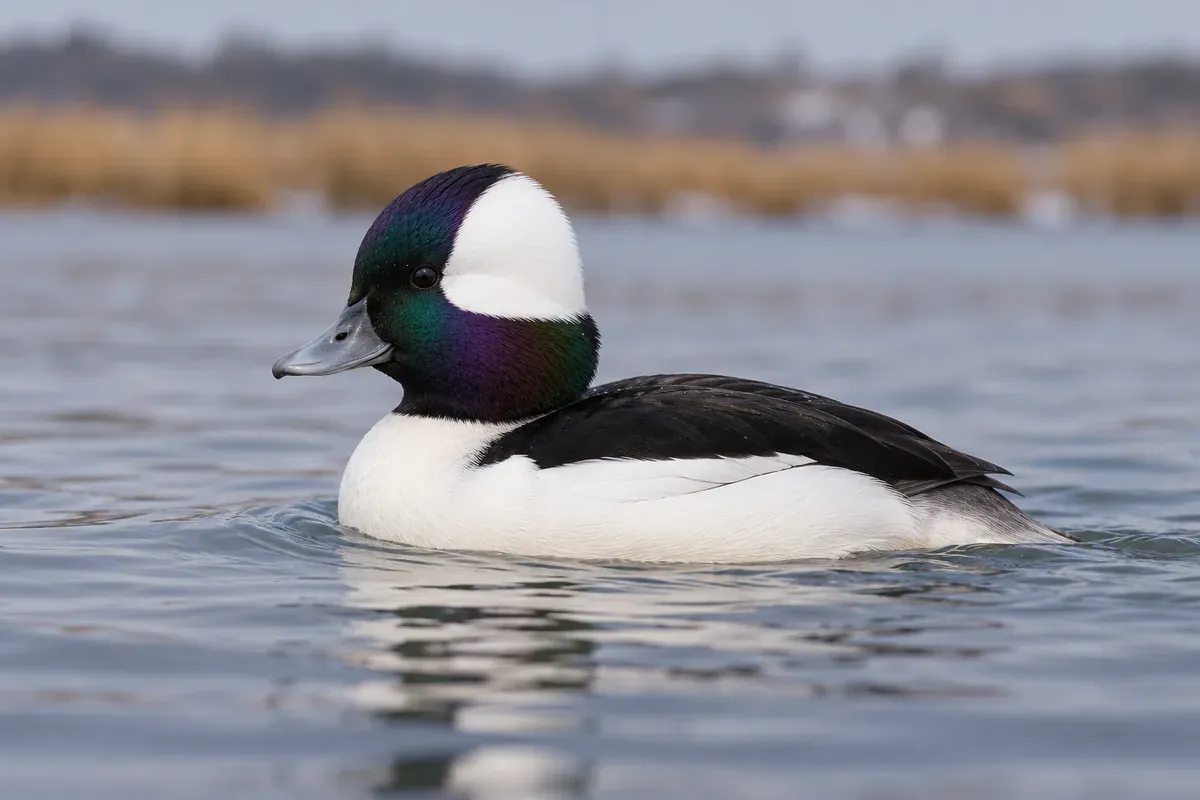 Generated illustration of a male bufflehead swimming, with a dark head, broad white patch behind the eye, white sides and black back.